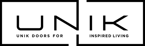 UNIK logo with text 'UNIK DOORS FOR INSPIRED LIVING' on a white background